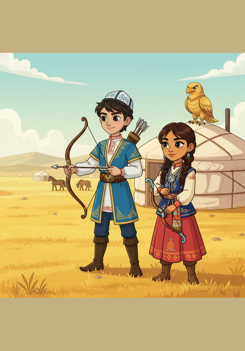 Ali and Aya live in a cozy white yurt nestled in the heart of the vast, golden Kazakh steppe. They spend their mornings helping their family and playing among the wildflowers that dance in the gentle breeze.