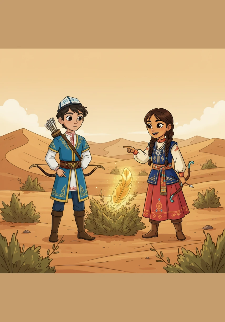 While exploring near the singing sand dunes, the siblings discover a shimmering golden feather caught in a bundle of sagebrush. The feather glows with a magical light, hinting at a grand adventure waiting for them.