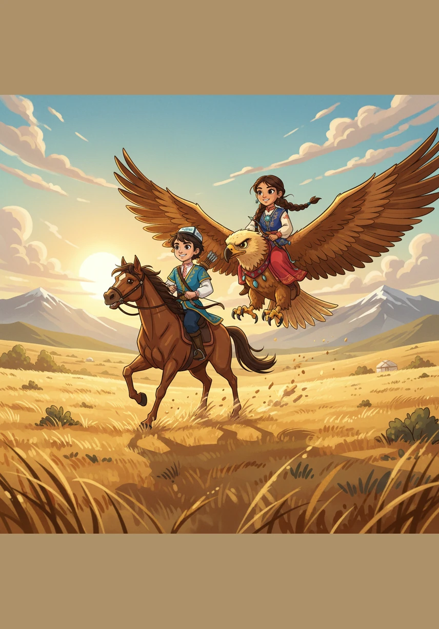 Guided by the feather's soft glow, Ali and Aya journey toward the majestic, snow-capped mountains on the horizon. Along the way, they gallop on their swift horses, feeling the freedom of the open plains.