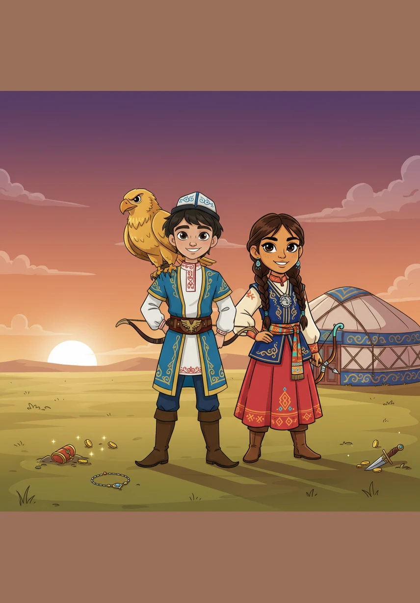 As the sun sets, painting the sky in shades of purple and orange, the siblings return to their yurt with hearts full of pride. They have learned that bravery and kindness are the greatest treasures one can find in the vast world.