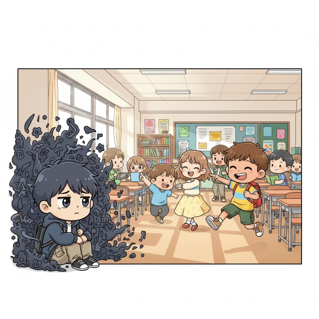 Kyoutarou Ichikawa is hunched in a corner of the bustling classroom, a swirling cloud of dark, whimsical patterns surrounding him, representing his inner turmoil. He watches his classmates interact, a small, isolated figure amidst a vibrant explosion of youthful energy, convinced he doesn't belong.