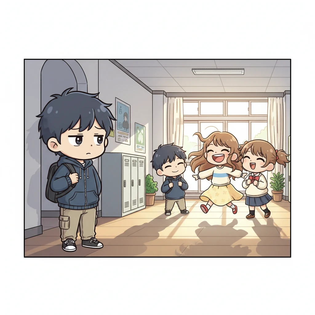 Anna Yamada bursts into the school hallway, a radiant beacon of cheerfulness, surrounded by a lively group of friends. She's laughing brightly, her exaggeratedly long hair bouncing, completely oblivious to Ichikawa observing her from his shadowed perch, a stark contrast to his muted world.