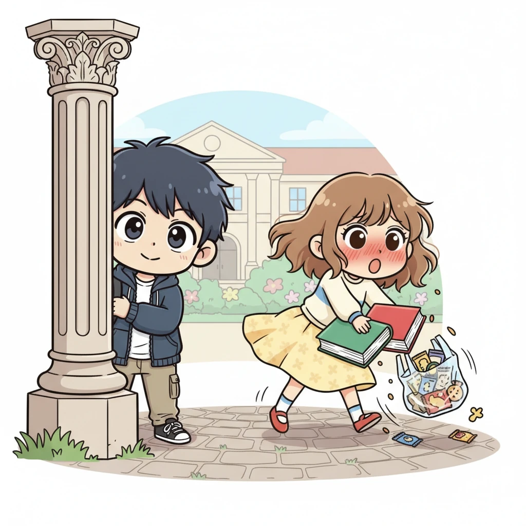 Ichikawa secretly watches as Yamada, with a comical stumble, trips over her own feet and drops a stack of colorful textbooks and a bag of snacks. Her face is adorably flustered, a tiny blush creeping up her cheeks, revealing a charmingly clumsy side he hadn't imagined.