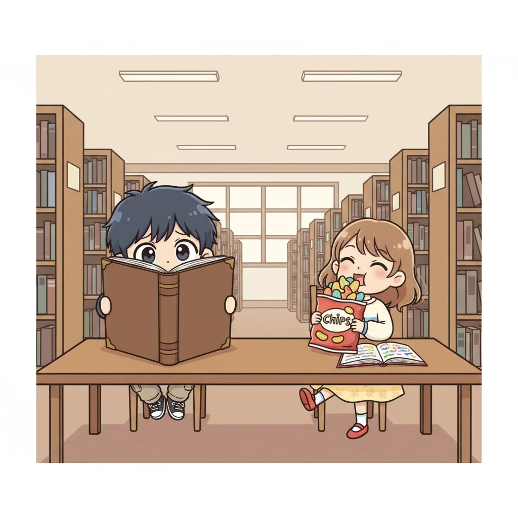 In the quiet library, Ichikawa is hidden behind an enormous book, peeking over the top. Yamada sits at the same long table, happily munching on a giant bag of potato chips, her leg swinging playfully as she studies, a peaceful, shared silence between them.