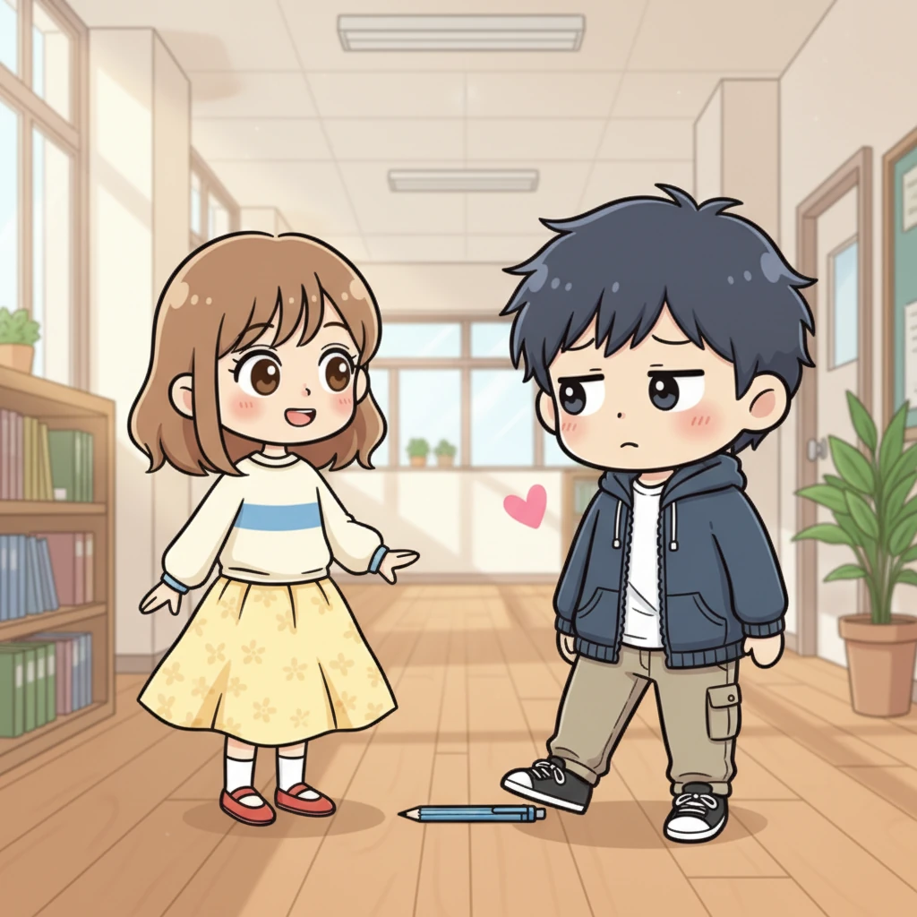 Yamada accidentally drops her favorite mechanical pencil, which rolls towards Ichikawa's foot. Without a word, he subtly nudges it back to her with his shoe. She looks up, surprised, offering a small, grateful smile before he quickly looks away, his heart doing a tiny flip.