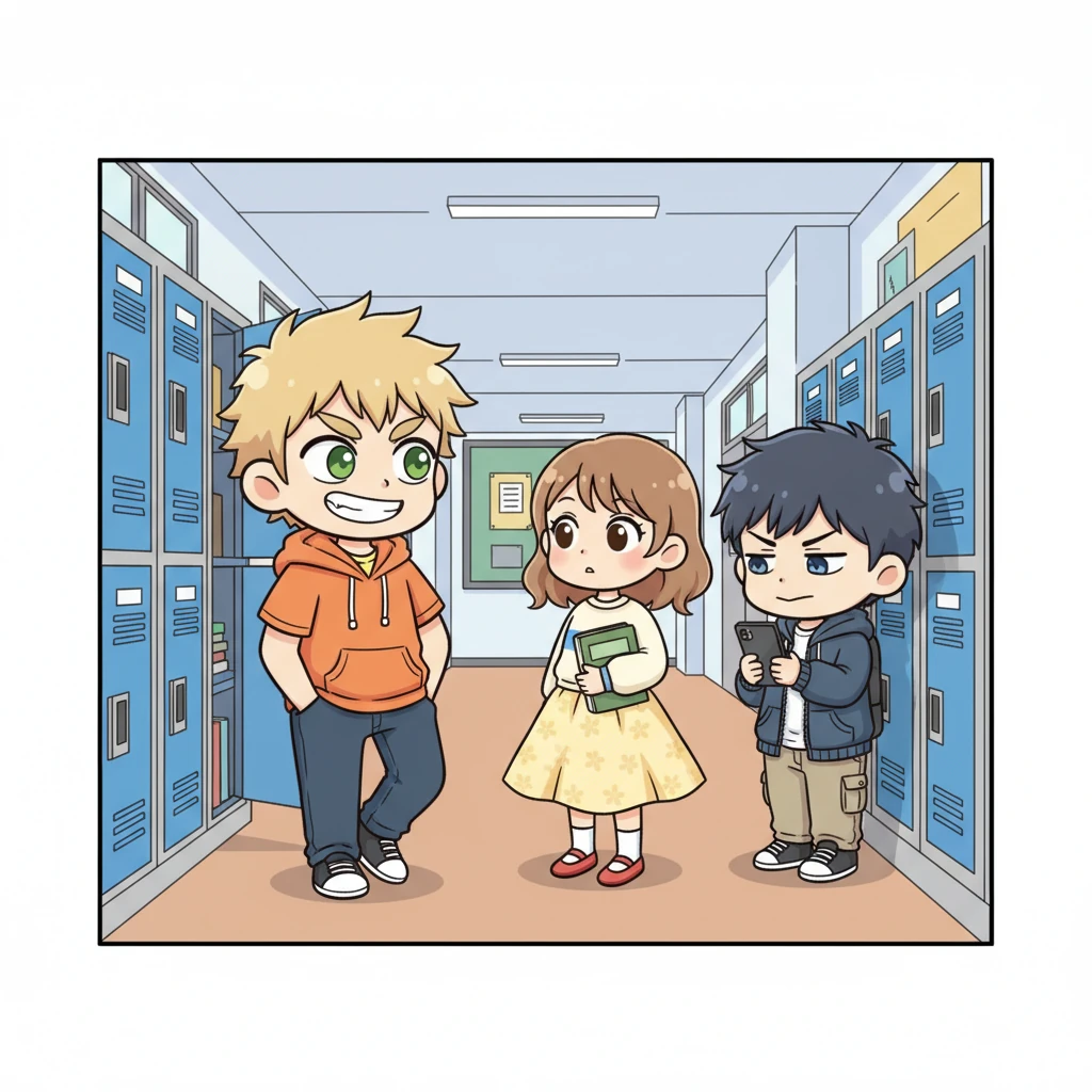 Simon, a boy with an overly confident grin and a mischievous glint in his eye, approaches Yamada at her locker, attempting to charm her. He casts a challenging glance at Ichikawa, who is pretending to be engrossed in his phone nearby, introducing a new layer of tension.