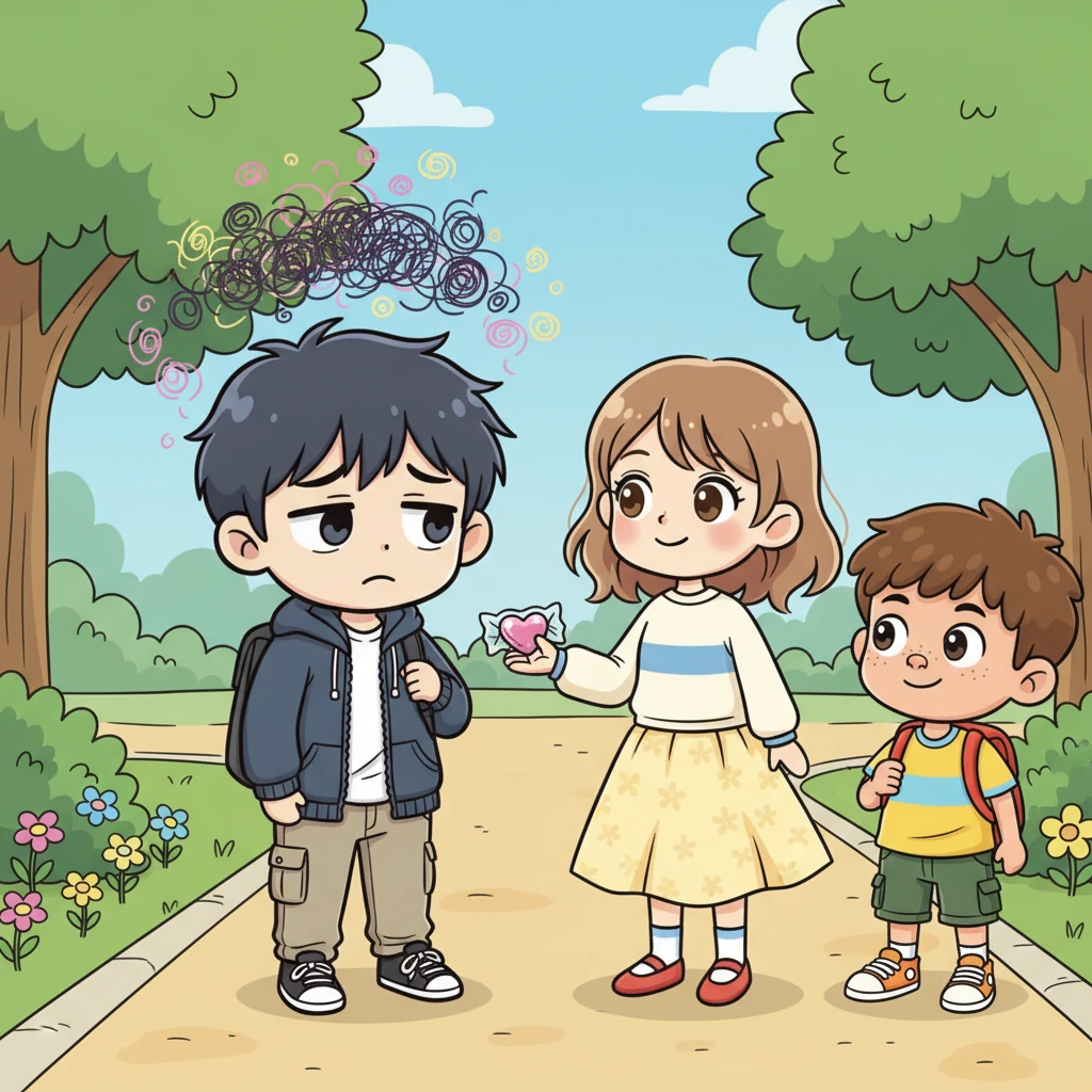 Ichikawa is visibly bothered by Simon's presence, a faint dark scribble appearing around his head. Yamada, noticing his unusual discomfort, quietly offers him a piece of her favorite candy, a small gesture of understanding that warms Ichikawa's heart, making his internal scribble soften.