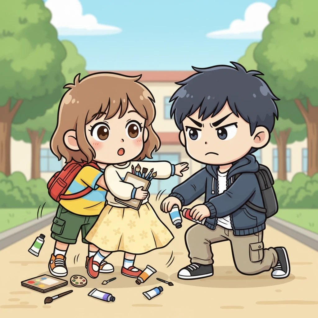 Simon playfully bumps into Yamada, making her drop her armful of art supplies. To his own surprise, Ichikawa steps forward, not with dark thoughts, but with a firm expression, helping her gather her scattered items and giving Simon an uncharacteristically direct, protective glare.