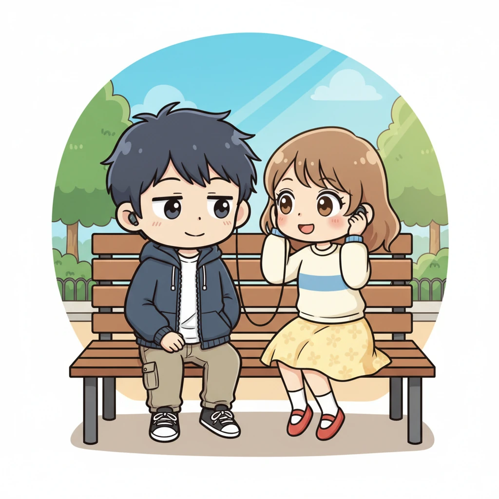 Sitting side-by-side on a sun-drenched park bench, Ichikawa and Yamada share headphones, listening to music together. Ichikawa, with a rare, soft smile, quietly shares a small, vulnerable thought about his past fears, and Yamada listens intently, her eyes full of understanding and acceptance.