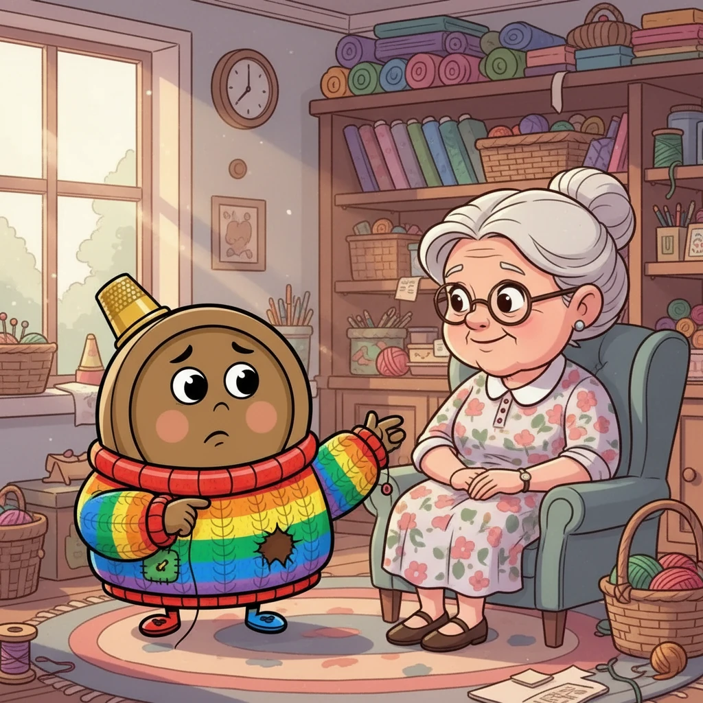 Barnaby, with a furrowed brow, pointed to a small hole. "This sweater is ruined!" he exclaimed to his grandmother, his voice filled with disappointment. She smiled kindly, her eyes twinkling with wisdom.