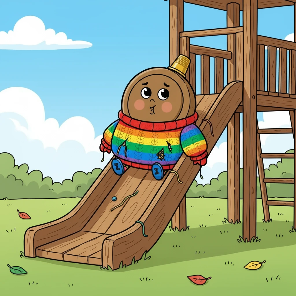 At the park, Barnaby attempted the bumpy wooden slide. The silver sweater snagged and caught, making it impossible to slide. He sighed, realizing his perfect sweater wasn't so practical after all.