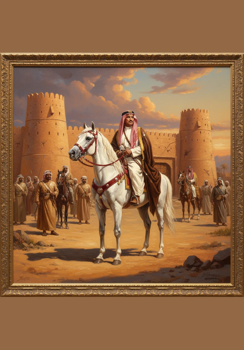 يَظْهَرُ الْمَلِكُ عَبْدُ الْعَزِيزِ مُمْتَطِيًا فَرَسَهُ الْأَصِيلَ أَمَامَ حِصْنِ الْمَصْمَكِ الْعَرِيقِ عِنْدَ شُرُوقِ الشَّمْسِ، فِي لَقْطَةٍ بَطُولِيَّةٍ تَعْكِسُ الشَّجَاعَةَ وَالْإِقْدَامْ. أَهْلًا بِكُمْ يَا أَبْطَالُ الْمُسْتَقْبَلْ هَلْ تَعْرِفُونَ مَنْ هُوَ الْقَائِدُ الشُّجَاعُ الَّذِي أَعَادَ لَنَا عَاصِمَتَنَا الرِّيَاضَ وَوَحَّدَ بِلَادَنَا الْغَالِيَةْ دَعُونَا نَكْتَشِفُ اسْمَهُ مَعًا