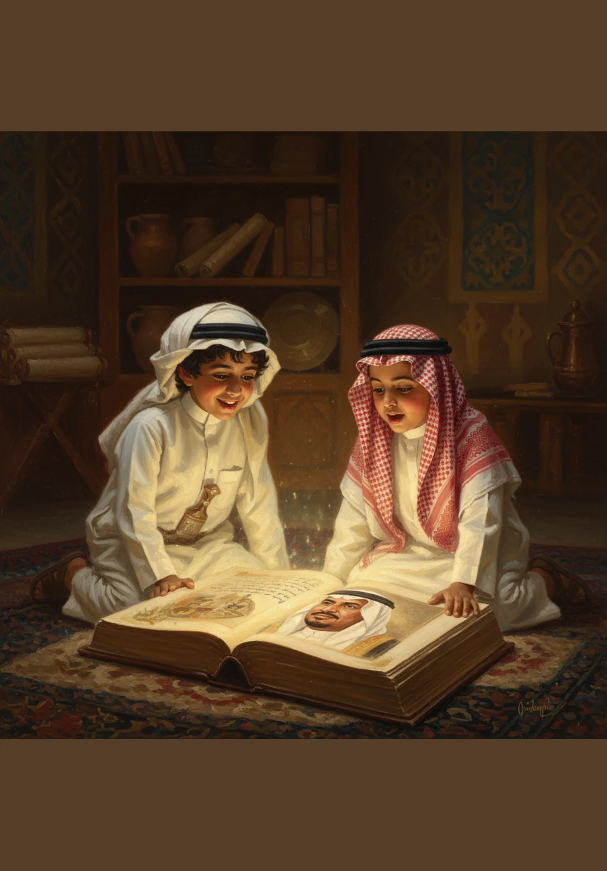 طِفْلَانِ صَغِيرَانِ بِالزِّيِّ السُّعُودِيِّ يَجْلِسَانِ بِحَمَاسٍ وَيَفْتَحَانِ كِتَابًا تَارِيخِيًّا كَبِيرًا تَنْبَعِثُ مِنْهُ أَنْوَارٌ هَادِئَةٌ، وَتَبْدُو عَلَيْهِمَا مَلَامِحُ الدَّهْشَةِ وَالْفَخْرْ. بَطَلُنَا هُوَ الْمَلِكُ عَبْدُ الْعَزِيزِ بْنُ عَبْدِ الرَّحْمَنِ آلِ سُعُودْ