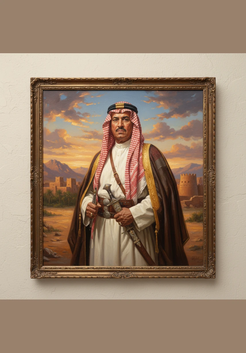 تَظْهَرُ صُورَةٌ مَهِيبَةٌ لِلْمَلِكِ عَبْدِ الْعَزِيزِ دَاخِلَ إِطَارٍ زُخْرُفِيٍّ جَمِيلٍ دُونَ أَيِّ نُصُوصٍ، مَعَ تَرْكِيزٍ بَصَرِيٍّ عَلَى مَلَامِحِهِ الْقِيَادِيَّةِ الْوَقُورَةْ. تَذَكَّرُوا هَذَا الِاسْمَ جَيِّدًا فَهُوَ مُوَحِّدُ الْمَمْلَكَةِ الْعَرَبِيَّةِ السُّعُودِيَّةْ