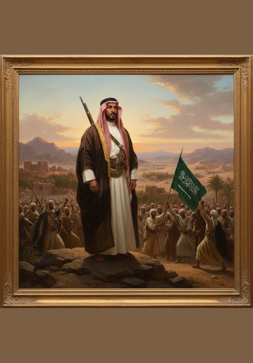 خَرِيطَةٌ لِلْجَزِيرَةِ الْعَرَبِيَّةِ تَتَجَمَّعُ أَجْزَاؤُهَا تَدْرِيجِيًّا لِتُصْبِحَ كِيَانًا وَاحِدًا مُتَمَاسِكًا، مَعَ ظُهُورِ رُمُوزٍ بَصَرِيَّةٍ لِلْقُوَّةِ وَالْوَحْدَةْ. بِذَكَائِهِ وَشَجَاعَتِهِ اسْتَعَادَ الْمَلِكُ عَبْدُ الْعَزِيزِ مُلْكَ آبَائِهِ