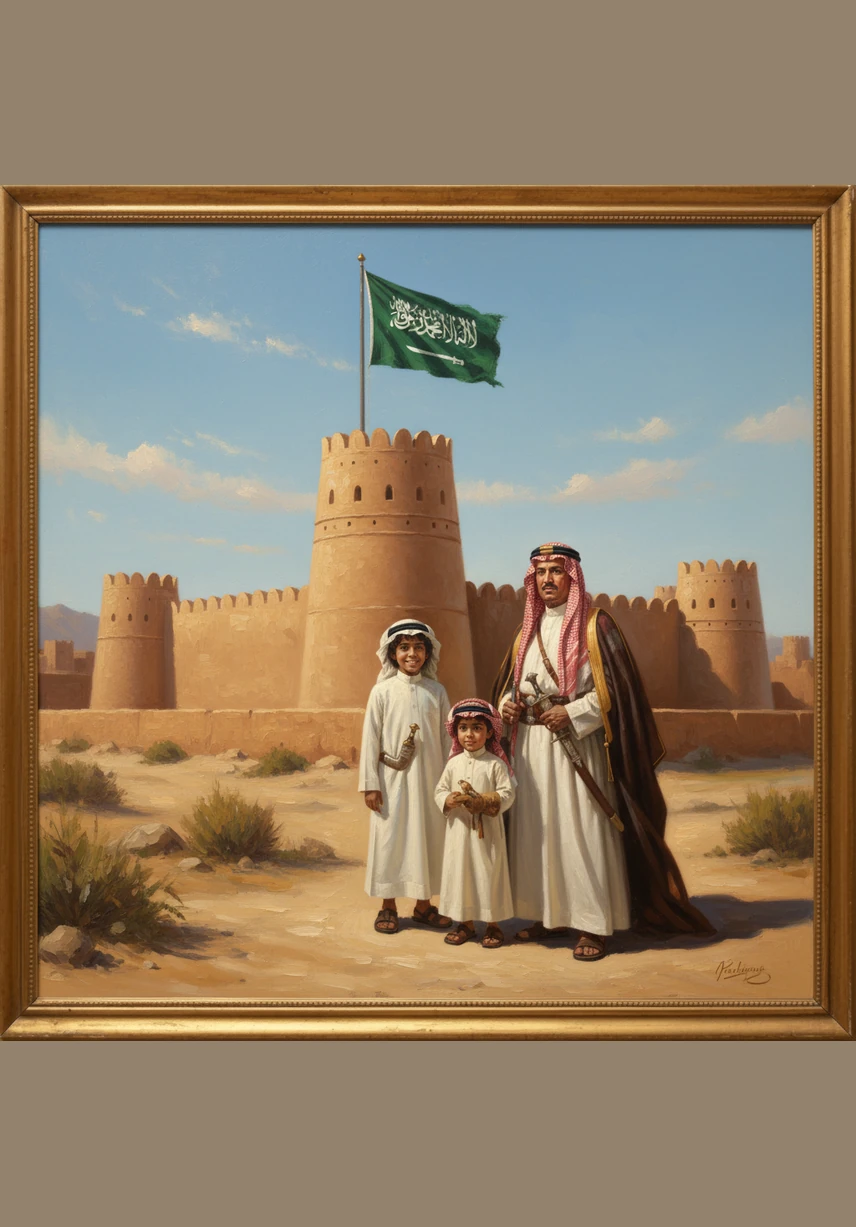 مَشْهَدٌ لِحِصْنِ الْمَصْمَكِ وَهُوَ يَرْتَفِعُ فَوْقَهُ عَلَمُ الْمَمْلَكَةِ الْعَرَبِيَّةِ السُّعُودِيَّةِ الْأَخْضَرُ يُرَفْرِفُ بِعِزَّةٍ فِي سَمَاءِ الرِّيَاضِ الصَّافِيَةْ. وَبَدَأَ مَسِيرَةَ بِنَاءِ وَطَنِنَا مِنْ مَدِينَةِ الرِّيَاضِ الْعَرِيقَةْ