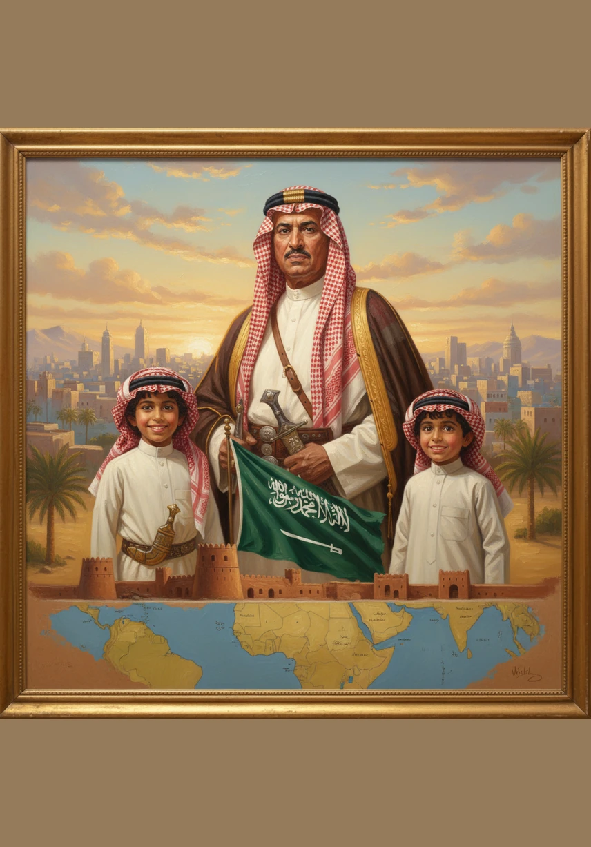 مَجْمُوعَةٌ مِنَ الْأَيْقُونَاتِ الْبَصَرِيَّةِ الْجَمِيلَةِ تَشْمَلُ الْحِصْنَ وَالْخَرِيطَةَ وَالرَّايَةَ مَعَ وُجُوهِ أَطْفَالٍ سُعُودِيِّينَ سُعَدَاءَ يَنْظُرُونَ لِلْمُسْتَقْبَلْ. الْمَلِكُ عَبْدُ الْعَزِيزِ مُسْتَرِدُّ الرِّيَاضِ وَمُوَحِّدُ الْمَمْلَكَةْ