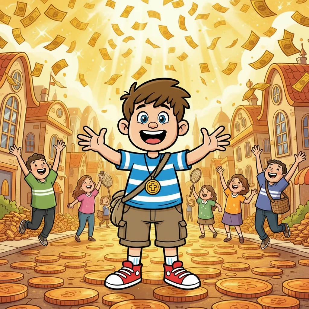 Tim, following the Money-Maker's advice, stepped into the Windy Kingdom. The sky was filled with golden bills, and the streets were paved with copper coins. People scrambled to catch the flying money, their laughter echoing through the golden city, hoping to catch the falling treasures.