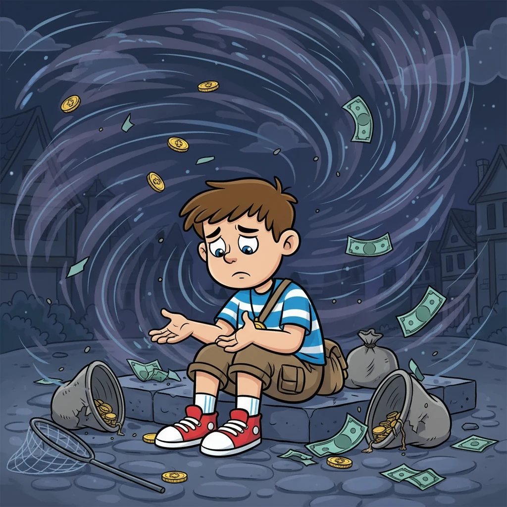 As night fell, a powerful Void Wind swept through the kingdom, carrying away all the money. Tim watched in despair as everything he had tried to catch disappeared. He sat alone, feeling sad and defeated, realizing his efforts were in vain.