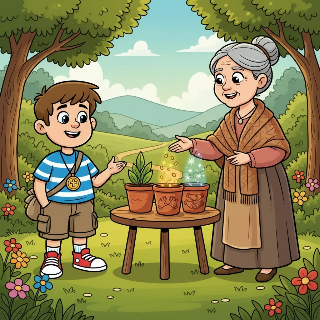 An old woman appeared, offering words of wisdom. She gave Tim three pots: one for needs, one for dreams, and one for sharing. She explained that true wealth comes from planting seeds, not chasing the wind, and showed him how to use each pot.