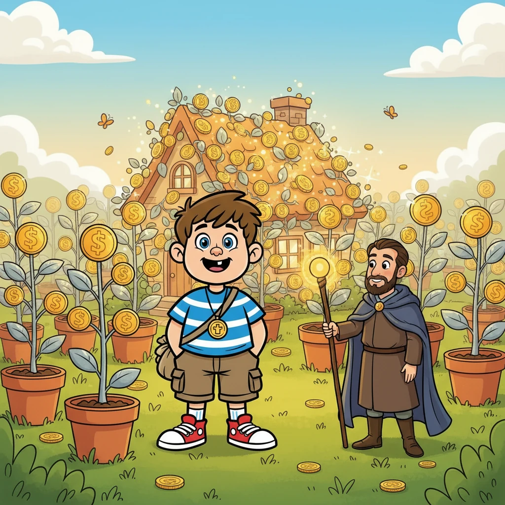 Tim diligently divided his coins, and soon, silver sprouts began to grow from the pots. His house transformed into a shimmering garden, where coin-leaves rustled gently in the wind. The Money-Maker returned, explaining that true richness comes from understanding and appreciating money.