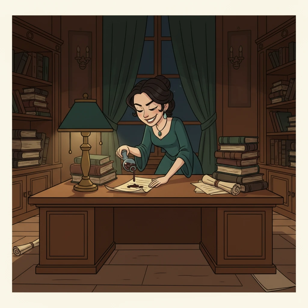 Hidden away in her lavish study, Seraphina pores over legal documents and a small, unlabeled bottle. Her face is illuminated by the dim lamp, twisted into a sinister grin as she meticulously plans Arthur's demise. She dreams of sole ownership and a life free from him, her eyes gleaming with wicked ambition.