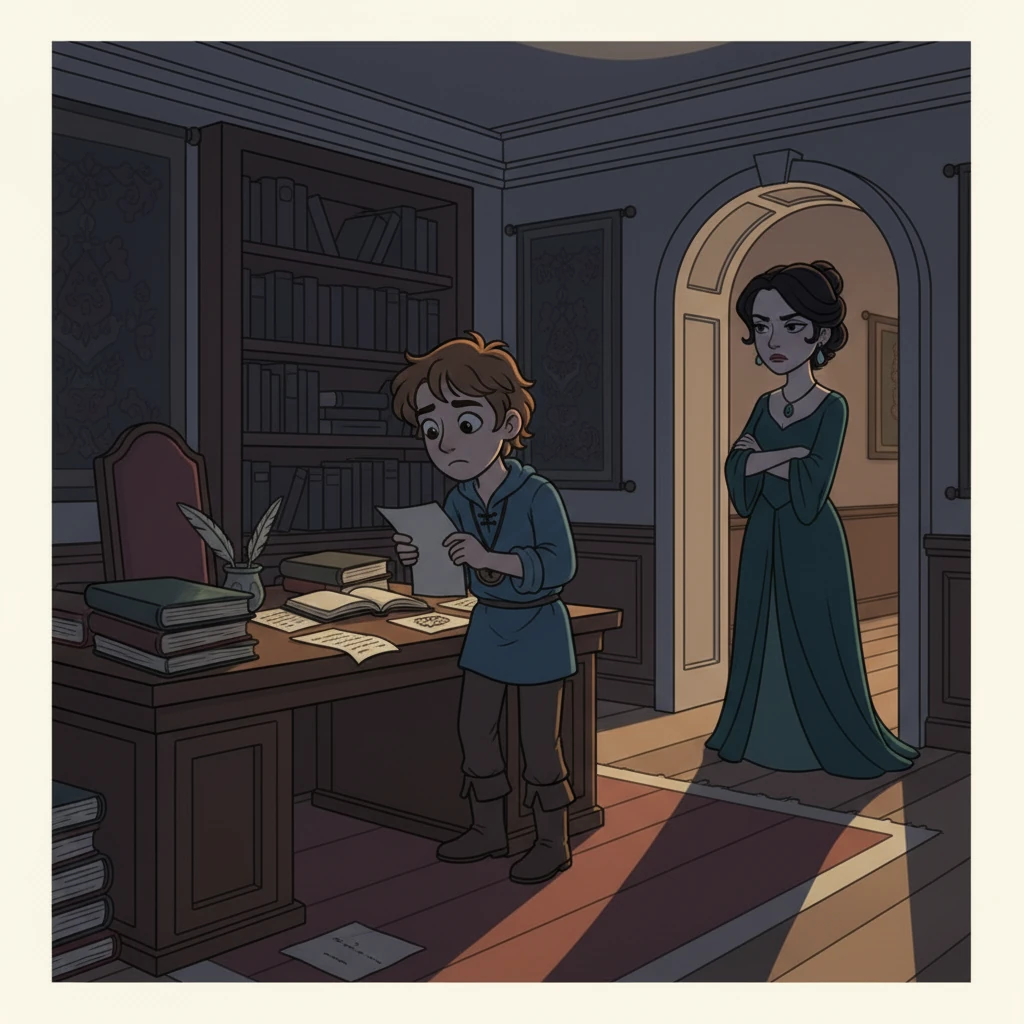 Arthur sits hunched over his desk, a pile of termination letters scattered around him, his face etched with worry. Seraphina glares from the doorway, her arms crossed, a look of utter disdain on her face. She mutters about his uselessness, convinced his career is over and their marriage is a burden.