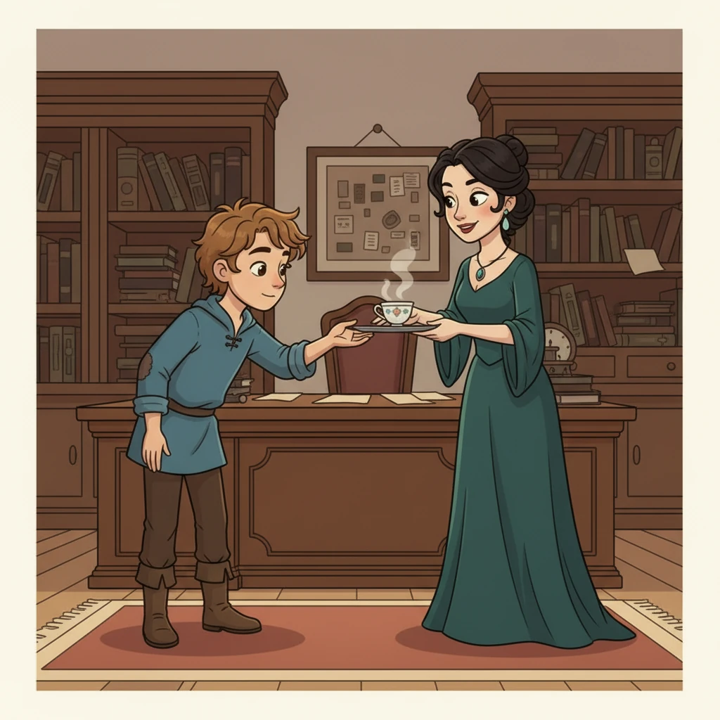 Seraphina approaches Arthur with a tray holding a steaming cup of tea, a sweet smile masking her true intent. Just as he reaches for it, a sudden, urgent phone call from an old friend about a forgotten appointment startles him. The cup clatters, spilling the tea harmlessly, as Arthur rushes off, unknowingly saved by fate.