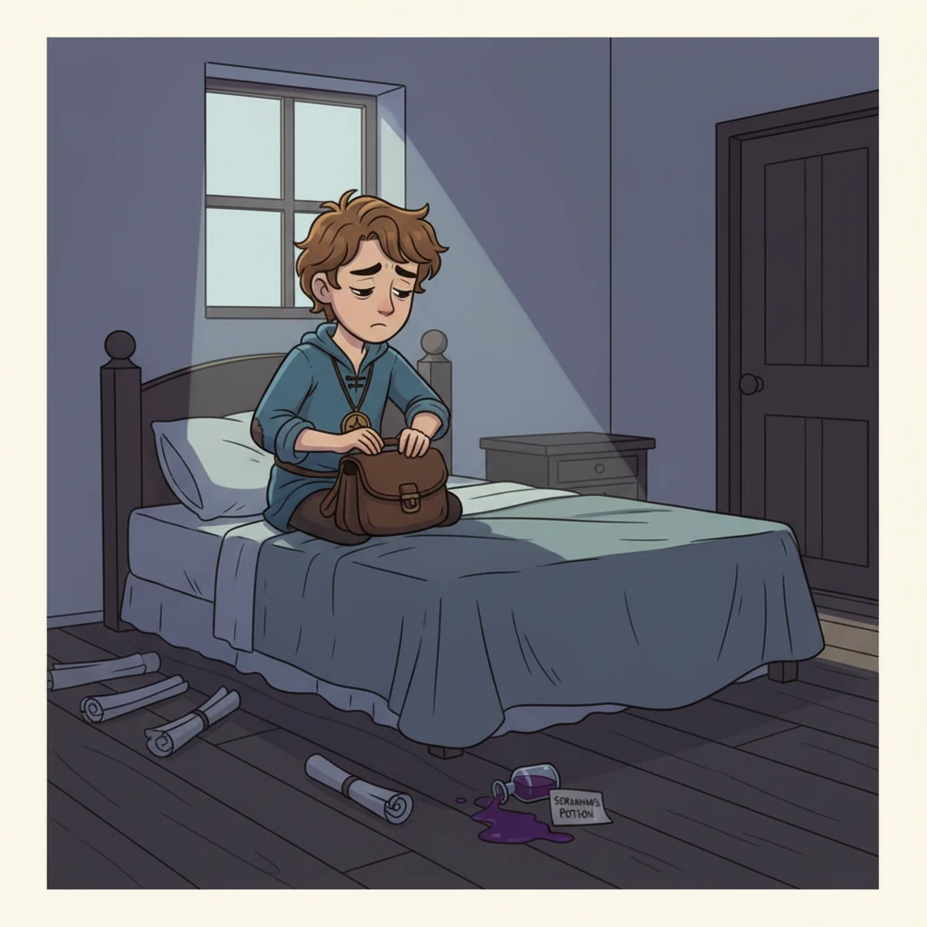 Later that day, Arthur discovers Seraphina's hidden plans and the spilled liquid's true nature. His heart shatters into a million pieces, replaced by a cold wave of fear and betrayal. He quickly packs a small bag, his face a mask of profound sadness and determination as he slips out of the house, leaving his old life behind.