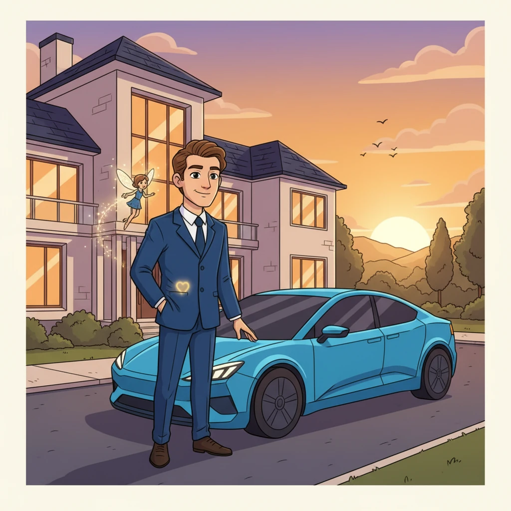 Years later, Arthur stands proudly in front of a magnificent, modern mansion, a sleek new car parked in the driveway. His business has flourished beyond his wildest dreams, transforming him into a successful and confident man. He looks out at the sunset, a contented smile gracing his lips, his past struggles a distant memory.