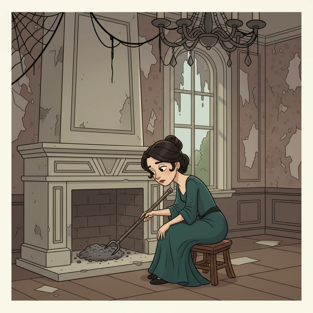 Meanwhile, Seraphina sits alone in the dimly lit, once grand house, now looking neglected and faded. Her fortune has dwindled, and her wicked schemes have left her isolated and miserable. She stares blankly at the empty fireplace, a bitter, hollow expression on her face, consumed by regret and loneliness.
