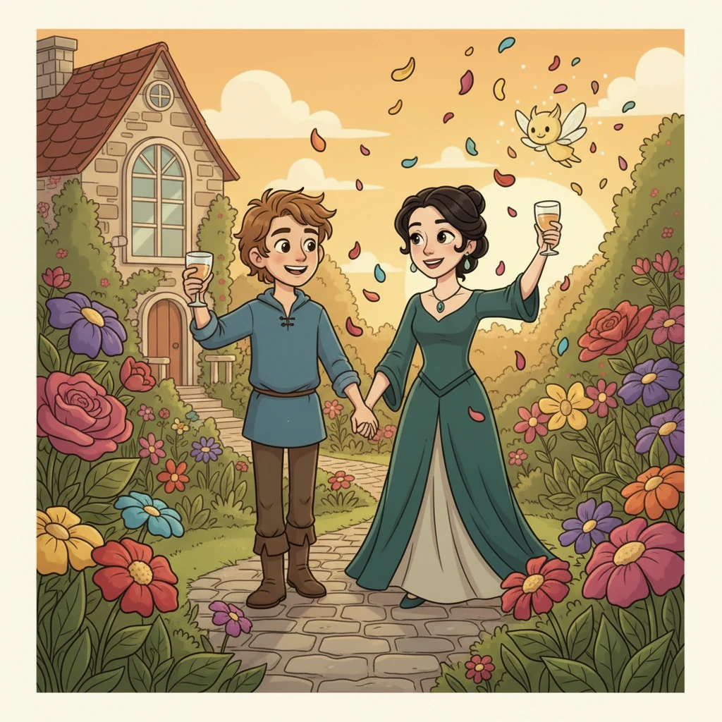 Arthur and Eleanor, now happily married, stroll hand-in-hand through the vibrant garden of their beautiful home, surrounded by blooming flowers. Their faces glow with pure joy and contentment, a testament to enduring love and a life built on honesty and kindness. They toast to their bright future, truly blessed.