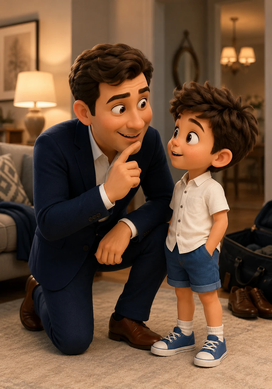 Mom and Dad are dressed in their finest clothes, ready to head out for a special dinner date. Dad kneels down to Leo’s level, a mischievous glint in his eye as he prepares to share a very important secret.