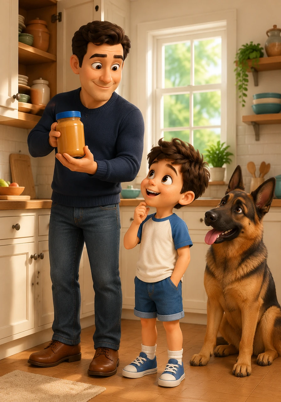 In the bright kitchen, Dad pulls a brand new jar of creamy peanut butter from the cupboard. He tells Leo that while they are gone, he has a special mission to have some extra fun with Max, their big German Shepherd.