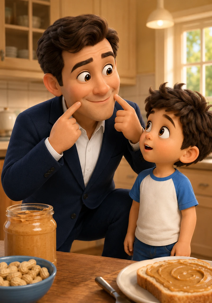 Dad demonstrates the plan by pointing to his own cheeks and chin, explaining exactly how Leo should apply the peanut butter. Leo listens with intense focus, his eyes wide with the thrill of being allowed to do something so silly.