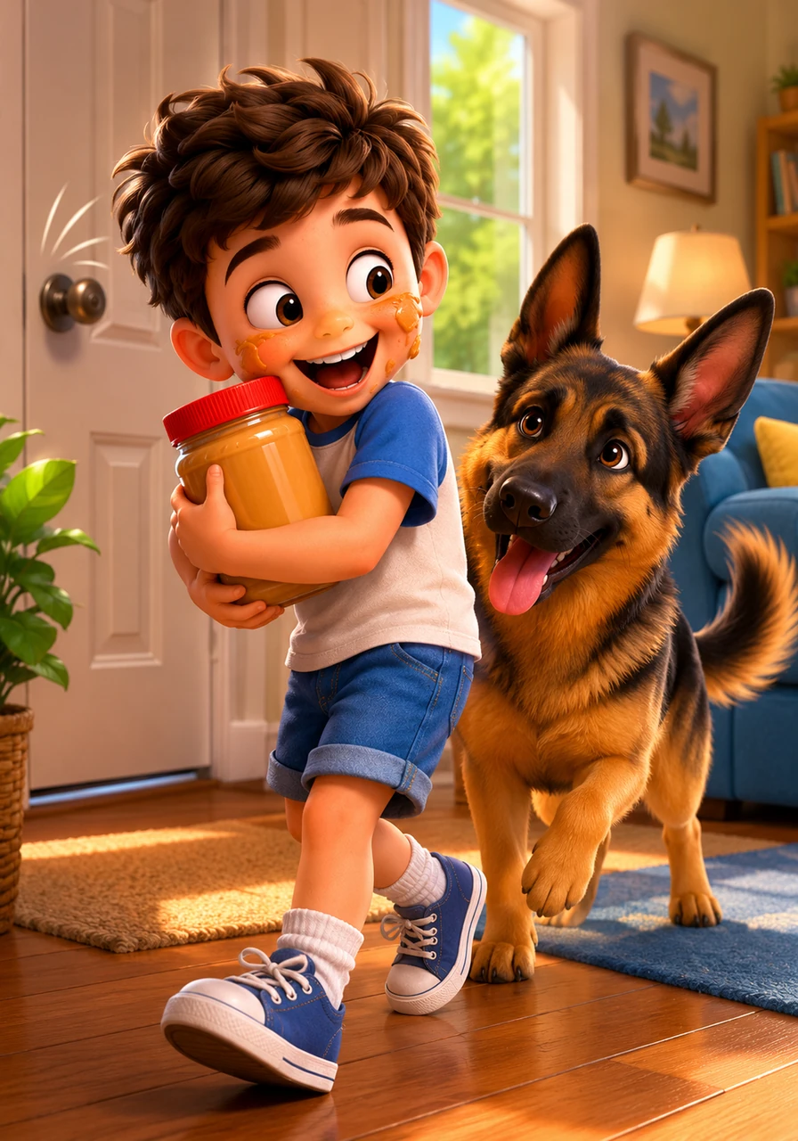 The front door clicks shut, leaving Leo and Max alone in the quiet house. Leo holds the jar of peanut butter like a treasure, feeling a surge of excitement for the secret game he is about to play.