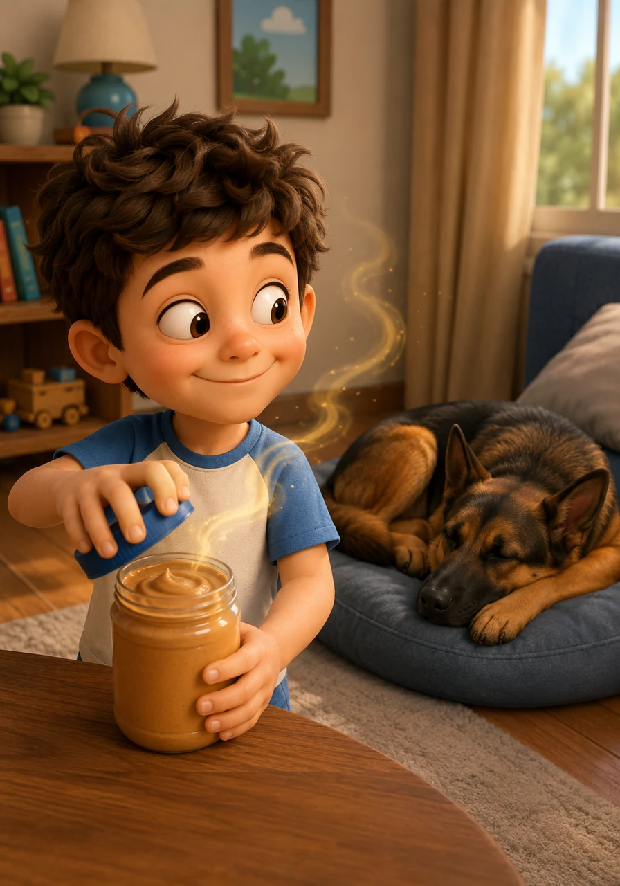 Leo carefully twists the lid off the jar, and the rich, nutty aroma fills the room. He looks over at Max, who is napping peacefully in the corner, completely unaware of the tasty surprise coming his way.