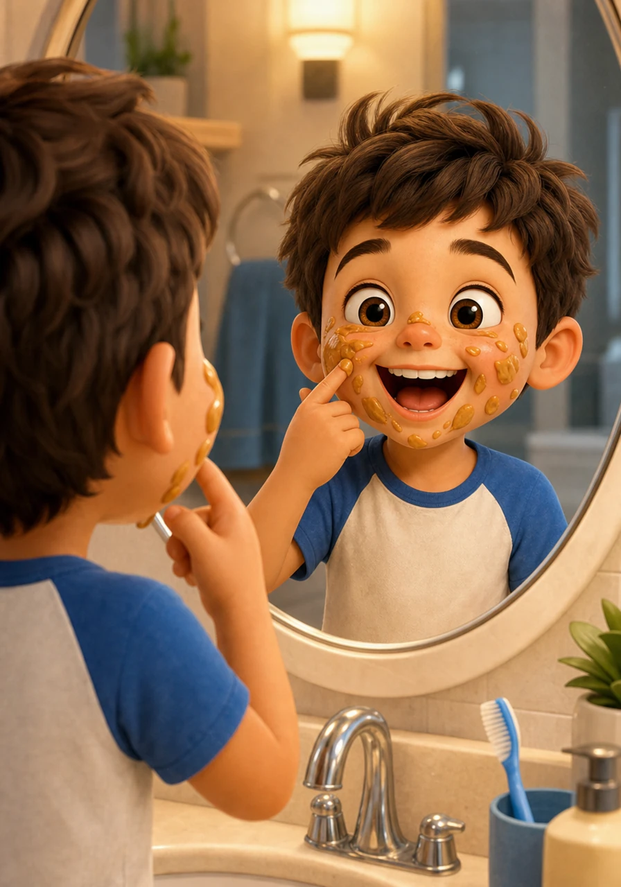 With a giggling heart, Leo uses his fingers to dab small spots of golden peanut butter all over his face. He looks in the mirror and sees a boy covered in dots, looking like a very delicious leopard.