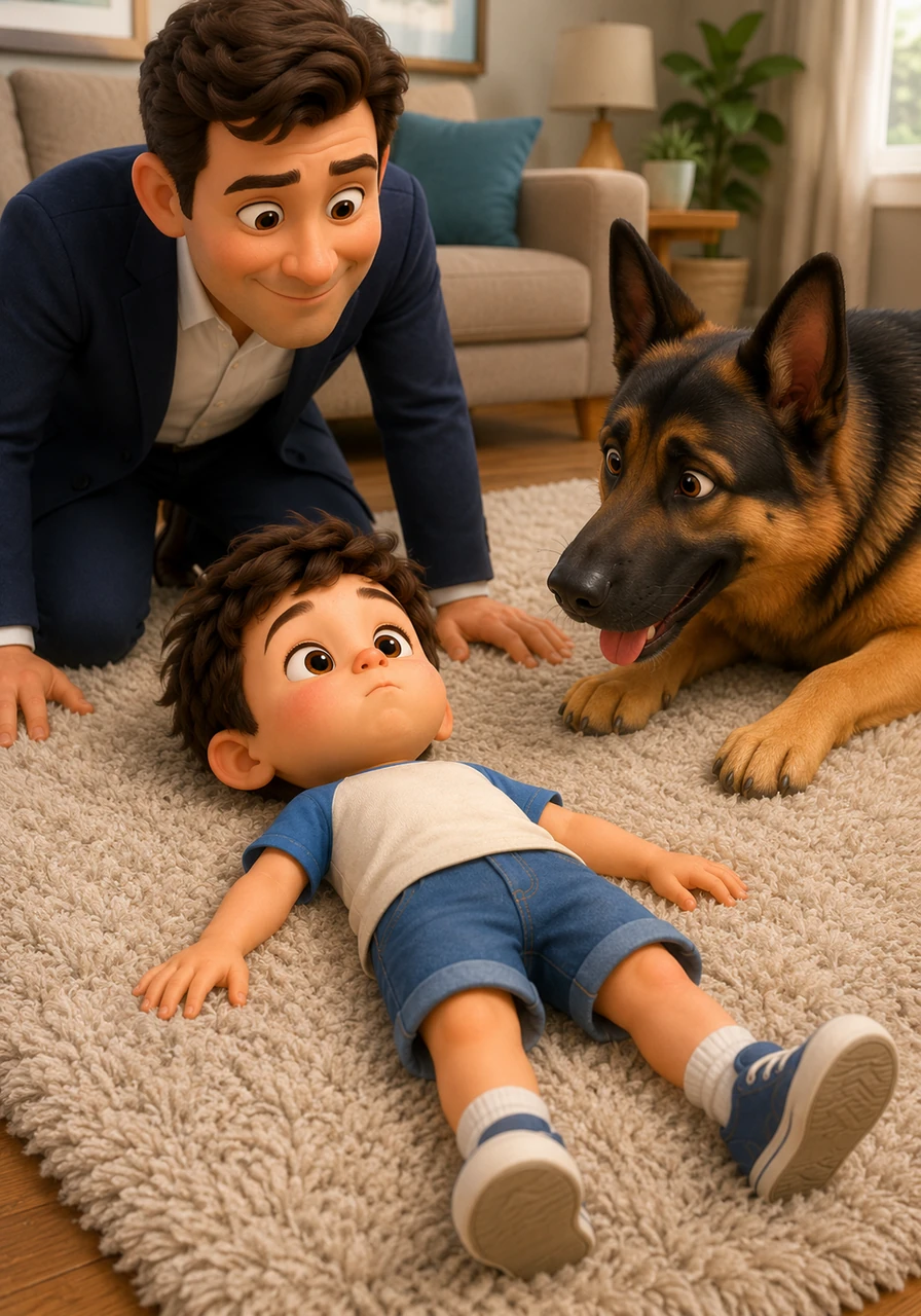 Leo finds a comfortable spot on the soft living room rug and lies down flat on his back. He tries to stay as still as a statue, holding his breath and waiting for the right moment to start the fun.
