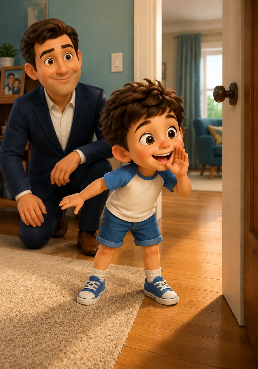 Leo calls out in a loud, playful whisper, inviting his furry best friend into the room. 'Max! Come here, boy! I have something for you!' he says, trying to keep from laughing before the dog even arrives.