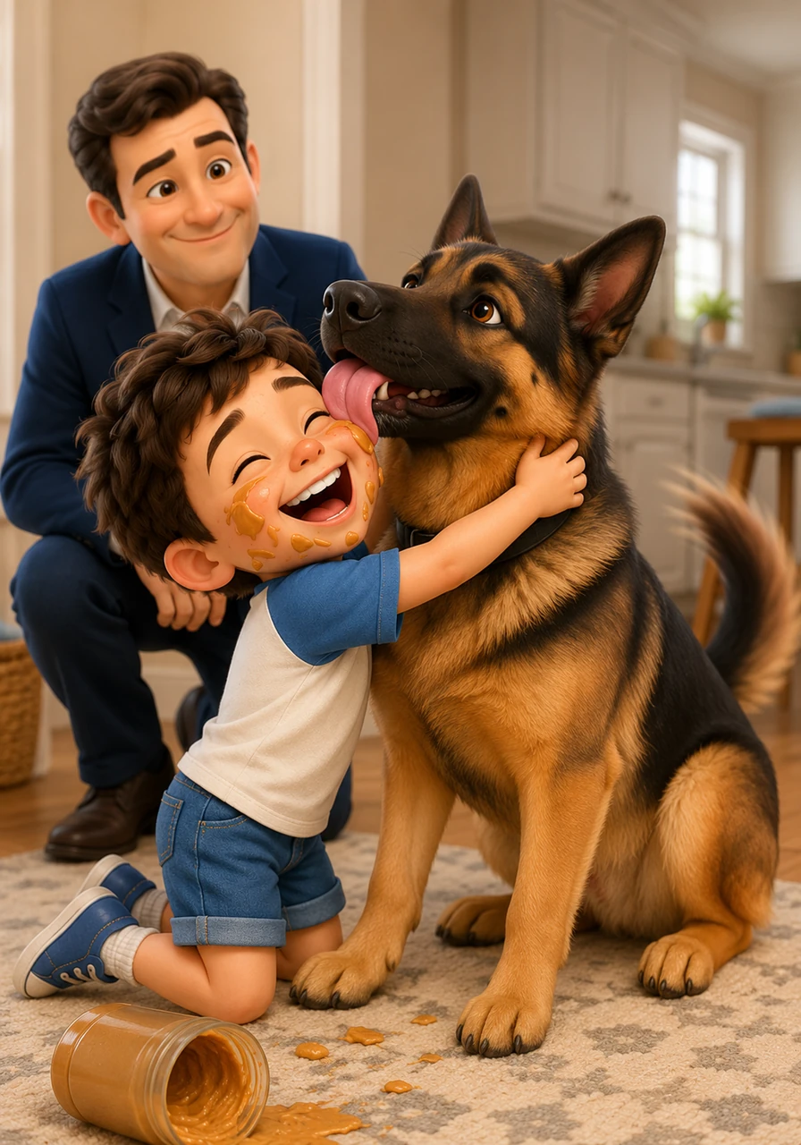 Max finds the peanut butter and begins to happily lick Leo’s face with his big, wet tongue. Leo bursts into uncontrollable laughter, hugging Max’s neck as the dog wags his tail in pure, sticky delight.