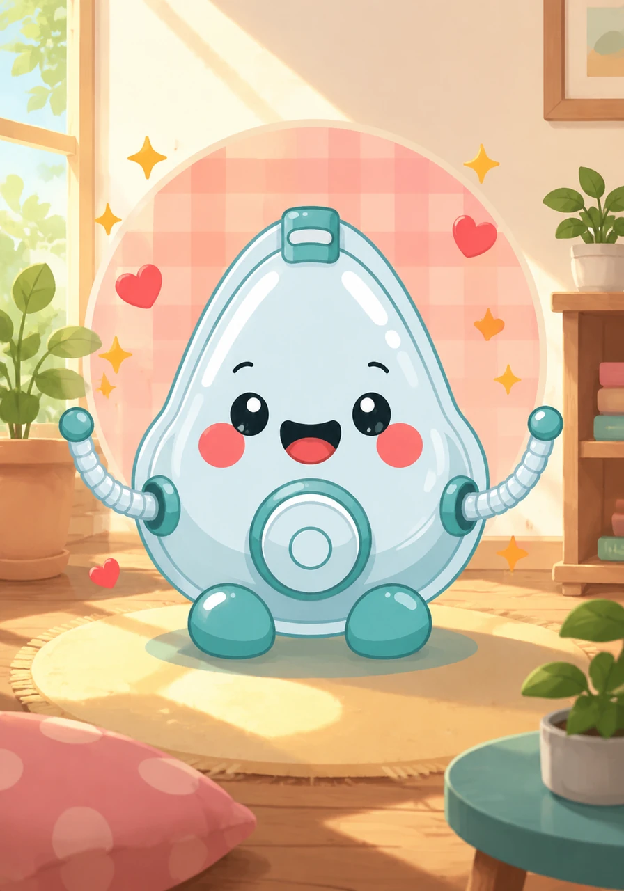 Oxy is a cute oxygen mask mascot with rosy cheeks and tiny tubing arms, sitting happily in a sunlit room. A soft pink checkerboard circle glows behind them, creating a warm and welcoming atmosphere. Floating sparkles and tiny hearts dance around, highlighting Oxy's cheerful personality.