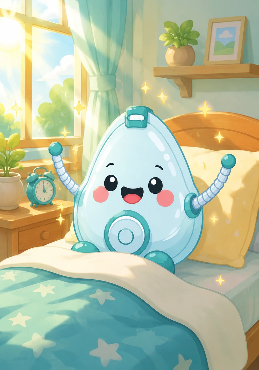 The morning sun streams through the window as Oxy wakes up with a wide smile. They stretch their tubing arms, ready to start a day filled with kindness and fresh air. Tiny sparkles surround them, signaling the start of a wonderful adventure.