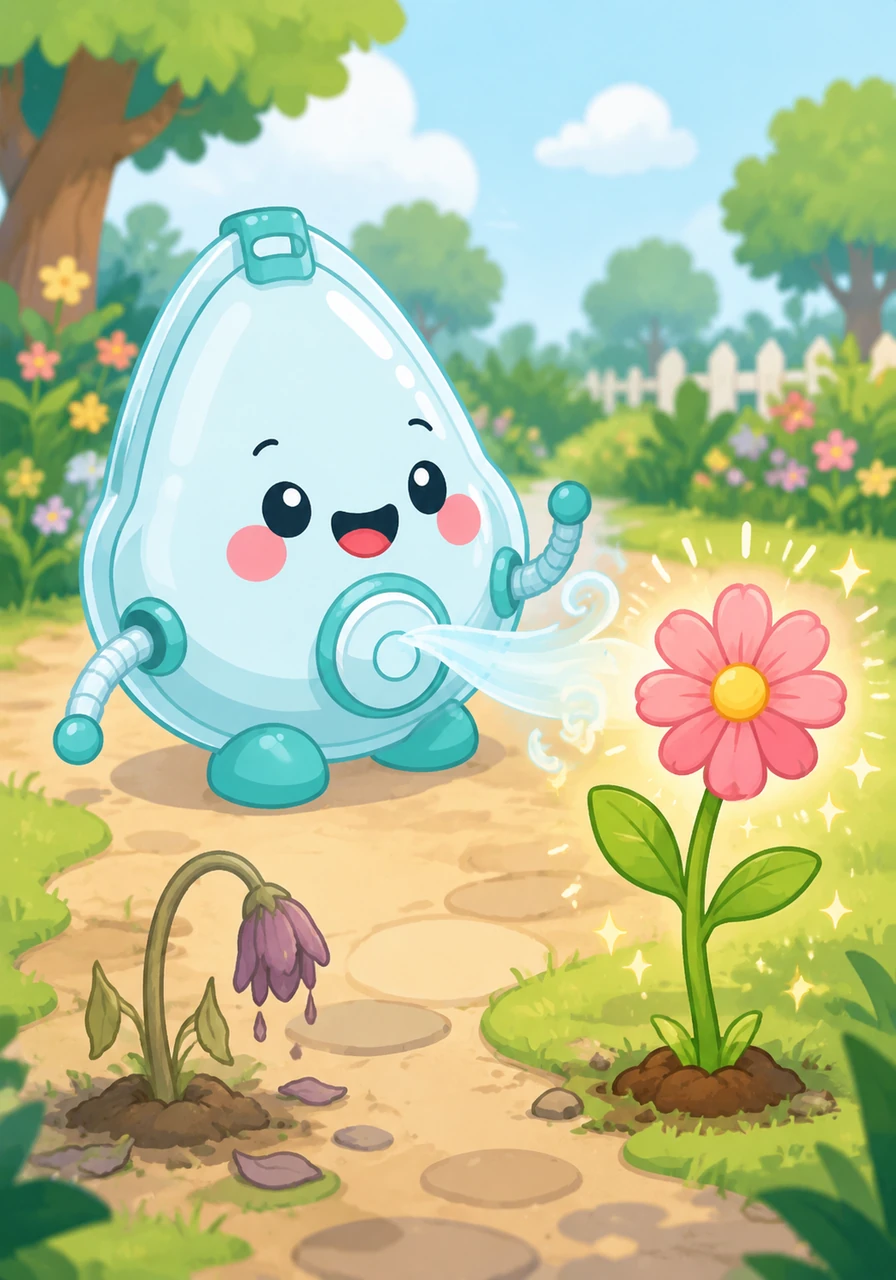 In a quiet garden, Oxy notices a sad, wilted flower drooping near the path. With a gentle gesture, Oxy releases a soft, revitalizing puff of air that helps the flower stand tall again. The petals bloom in vibrant colors, showing Oxy the power of a little care.