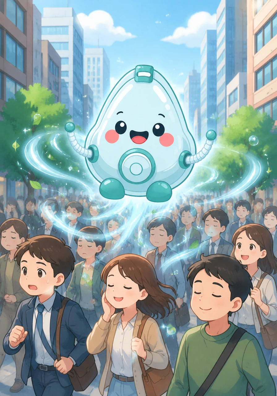 Oxy floats gracefully into a bustling city street, where the air feels heavy and the people are rushing. As Oxy moves through the crowd, a refreshing breeze follows, bringing a sense of calm to everyone nearby. The city seems to brighten up as Oxy spreads peace and tranquility.