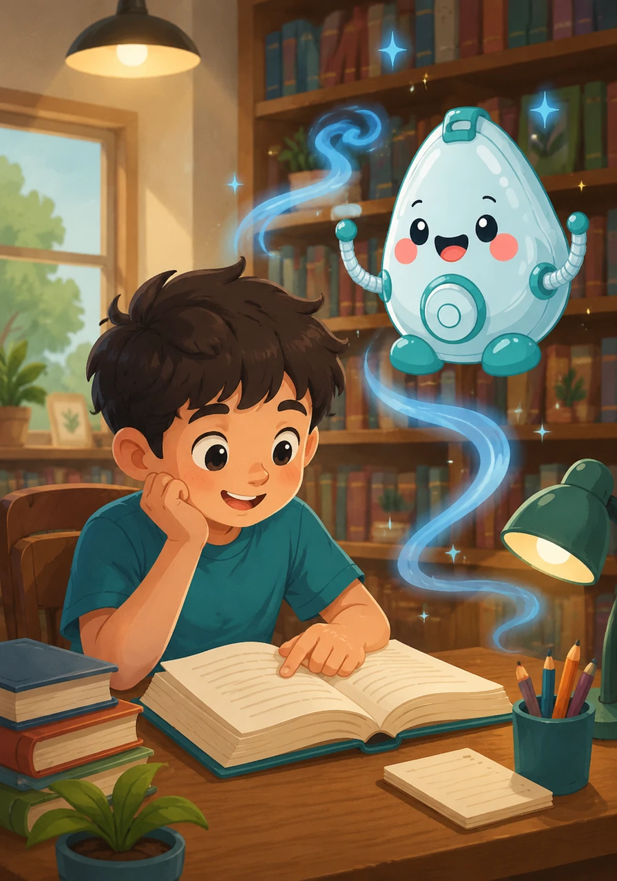 Inside a cozy library, a student is struggling to focus on a difficult book. Oxy hovers nearby, gently swirling the air to make the room feel cool and inviting. With a clear head and a happy heart, the student smiles and continues reading with renewed energy.