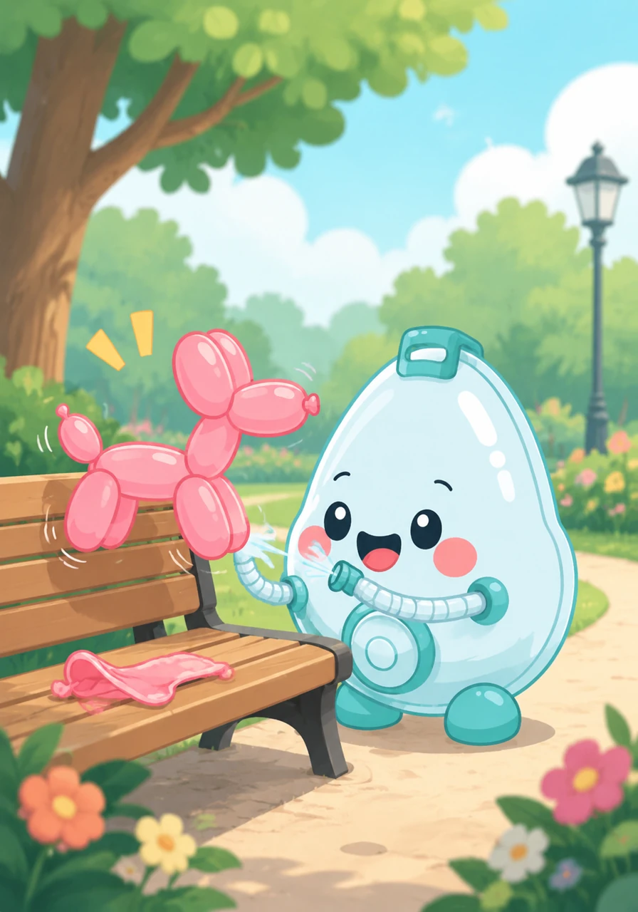 Oxy discovers a deflated balloon animal lying on a park bench, looking quite lonely. With a playful wiggle of their tubing arms, Oxy gently fills the balloon with a puff of air, bringing it back to life. The balloon animal bounces happily, and Oxy giggles at the sight.