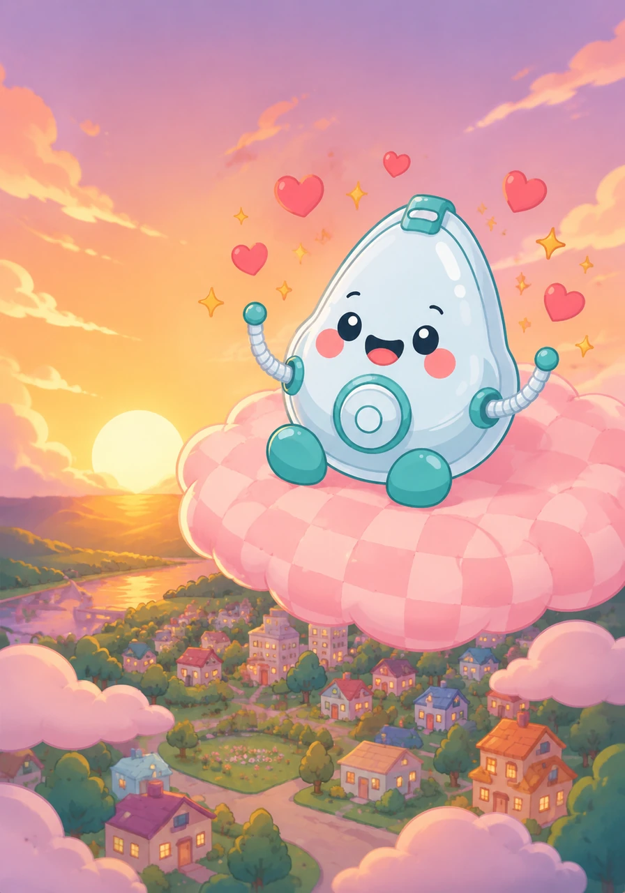 As the sun begins to set, Oxy rests on a soft pink checkerboard cloud in the sky. They look down at the world, feeling proud of the kindness shared throughout the day. Tiny hearts float around them, reflecting the love Oxy has spread.