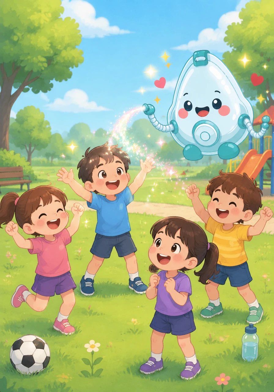 A group of children playing in the park look tired after a long day of running. Oxy appears and sprinkles tiny, magical sparkles over them, instantly refreshing their spirits. The children laugh and cheer, feeling energized and happy once again.