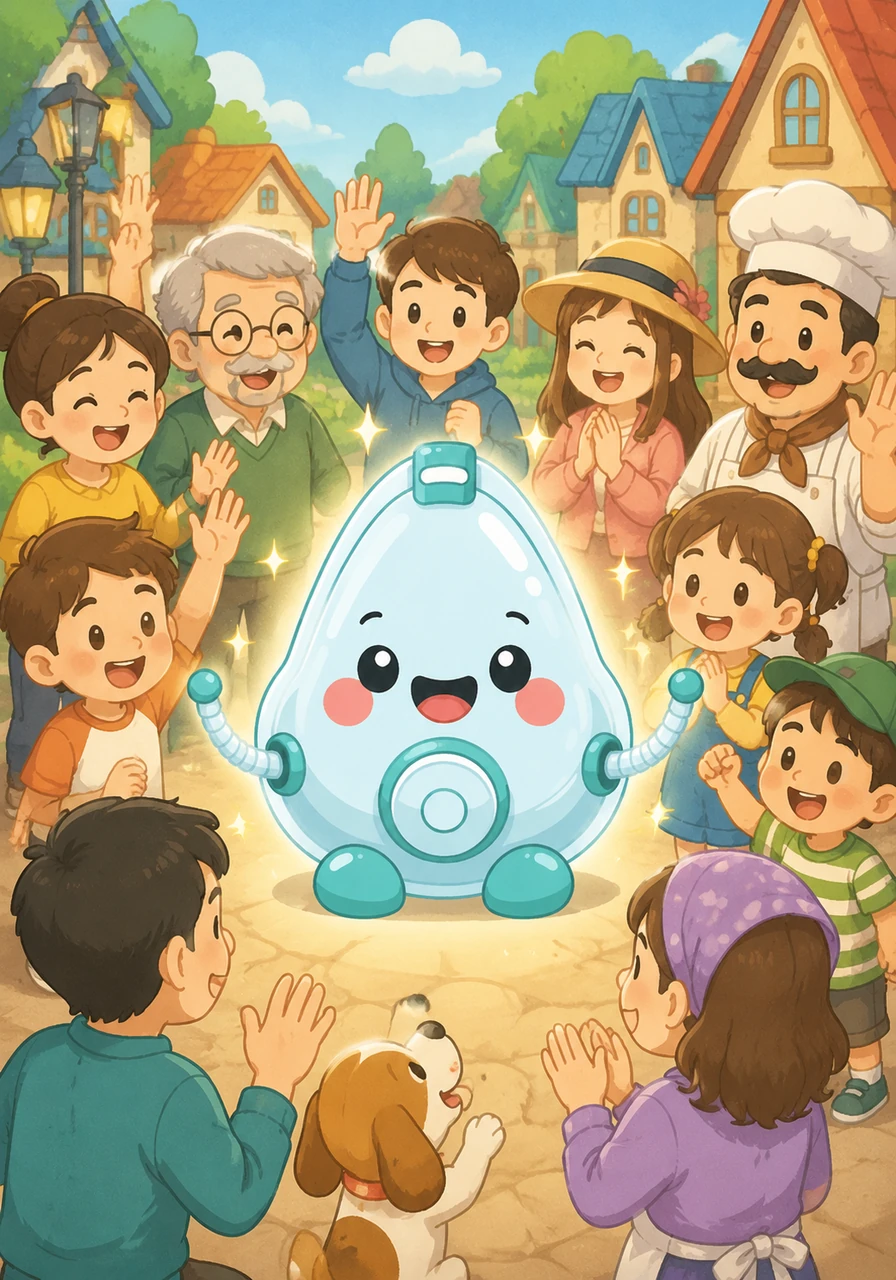 The people of the town gather around to thank Oxy for being such a wonderful, supportive friend. Everyone waves and smiles, grateful for the fresh air and joy Oxy brings to their lives every single day. Oxy feels warm and cherished, glowing with happiness.